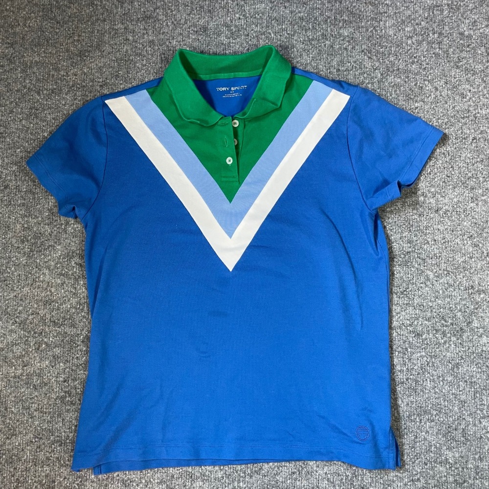 Tory Sport Polo Shirt Womens Small Blue Green Chevron Stripe Pullover Golf Top